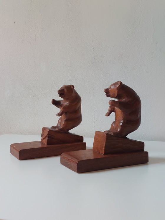 Image 1 of Paire de serre-livres anciens sculptés à la main, sculpture d'ours