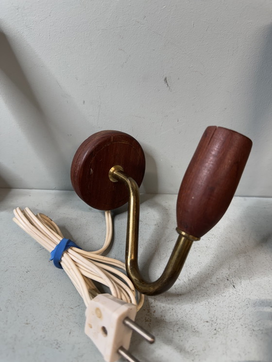 Set of 3 Vintage Mid Century Danish Design Wooden Wall lights – Brass (photo 6 of 11)