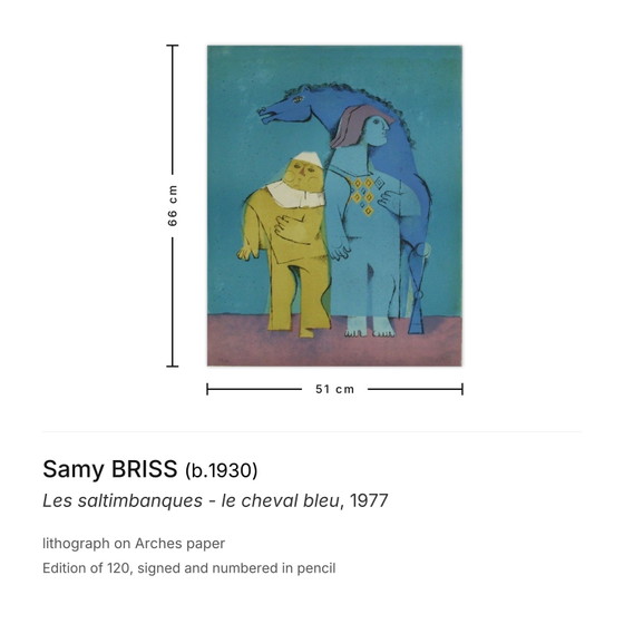 Image 1 of Samy BRISS Les saltimbanques - le cheval bleu Signed lithograph 1977