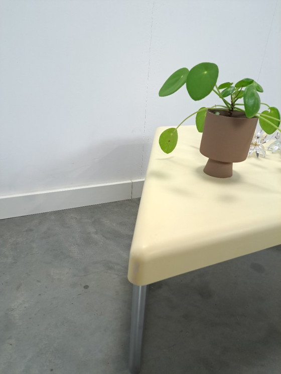 Image 1 of Space age triangular plastic table with chrome tubular frame legs