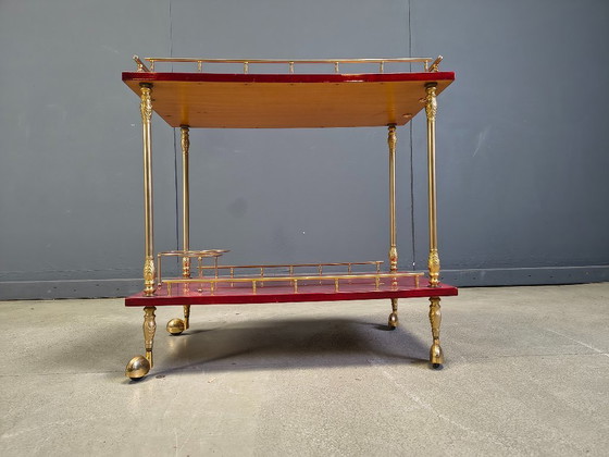 Image 1 of Rare chariot de service italien en cuir de chèvre laqué et parchemin, signé Aldo Tura, années 1960