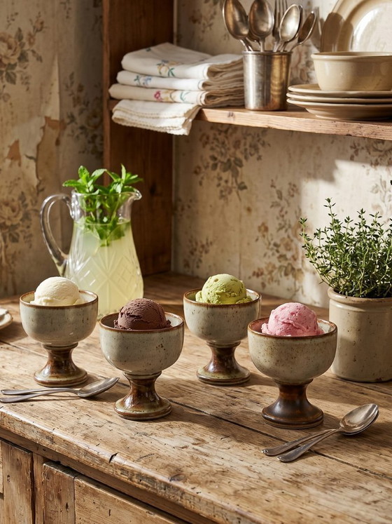 Image 1 of Set of 4 vintage glazed stoneware cider bowls/ice cream cups with stems