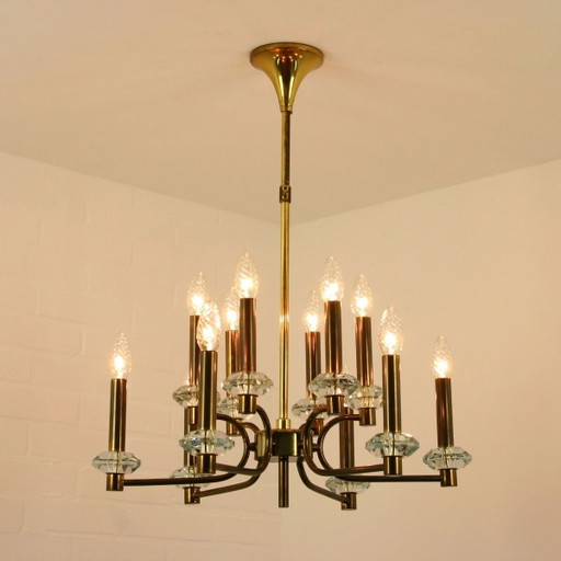 Gaetano Sciolari 12-Light Brass & Crystal Chandelier | Italy | 1960s