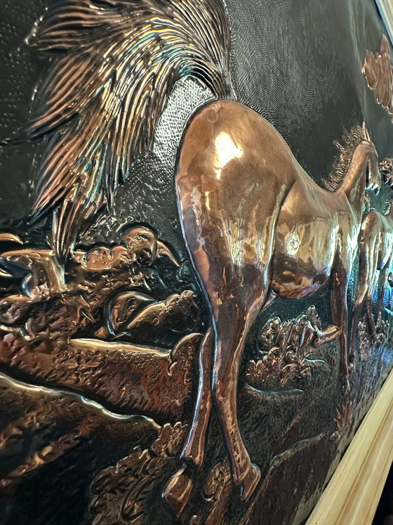 Unique hammered copper wall relief with galloping horses. – Decorative Objects, Wood (photo 6 of 7)