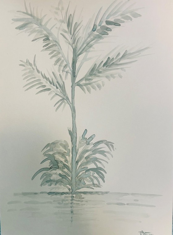 Image 1 of Set of 3 signed watercolor landscape paintings in sage green monochrome