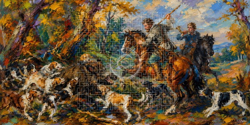 Pittura Impressionista / Scena di Caccia Autunnale stile XIX secolo / (120x60 cm)