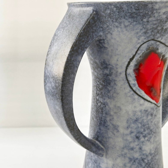 Image 1 of IMPORTANT VINTAGE 1950 VASE WITH 2 HANDLES, RED & YELLOW CERAMIC, 50S ROCKABILLY