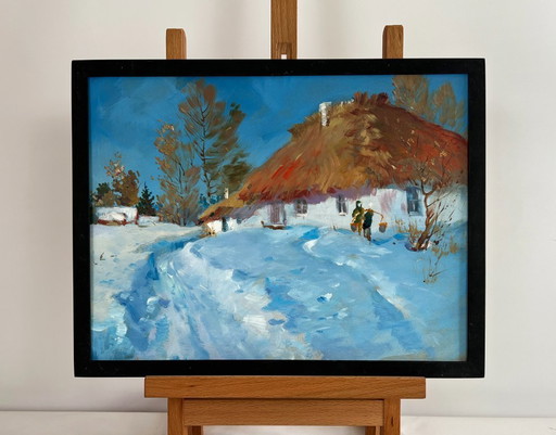 Original Oil Painting Winter Village Landscape Snowy village yard