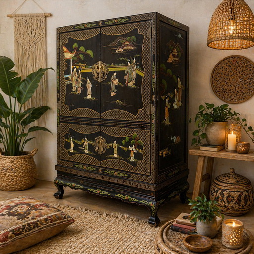 Vintage Chinese Cabinet Black with Hand-Painted Scenes / bohemian cabinet / Asian / Oriental cabinet