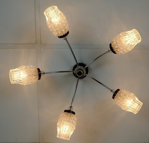 1960's mid century 5-light sputnik spider ceiling light chrome metal glass