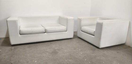 Tweezitsbank en fauteuil set, wit leer, 2 zitsbanken, Modern (foto 5 van 6)