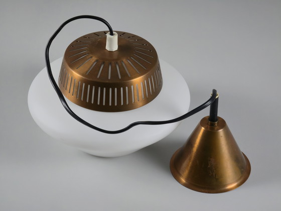 Image 1 of Rare 1950s Vintage Opal Arch Pendant Light By Svend Aage Holm‑Sørensen — Danish Mid-Century Modern Pendant Lamp.