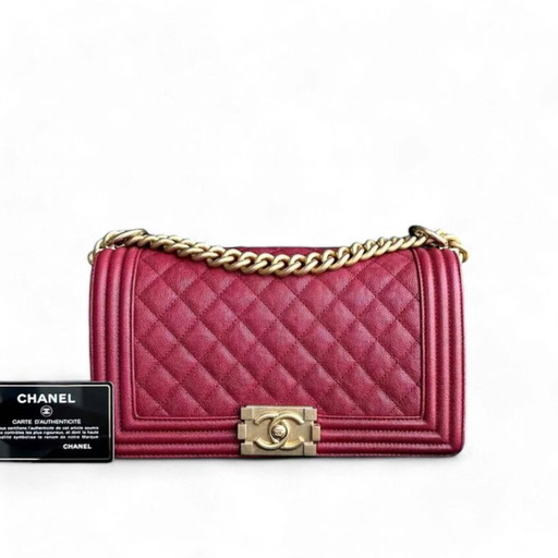 Chanel Boy Medium - Caviar 25CM Quilted Dark Red Golden Hardware Series 26