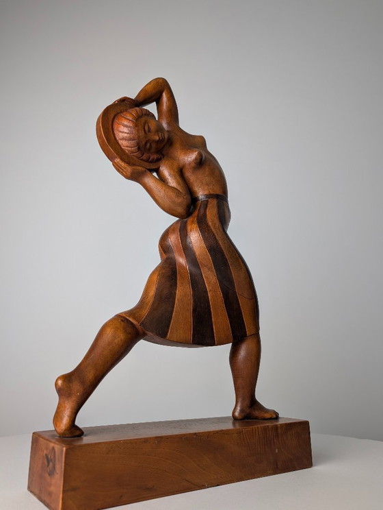 Image 1 of Art Deco Carved Wood Sculpture by Jens Jacob Bregnø, Denmark, 1900s, Signed