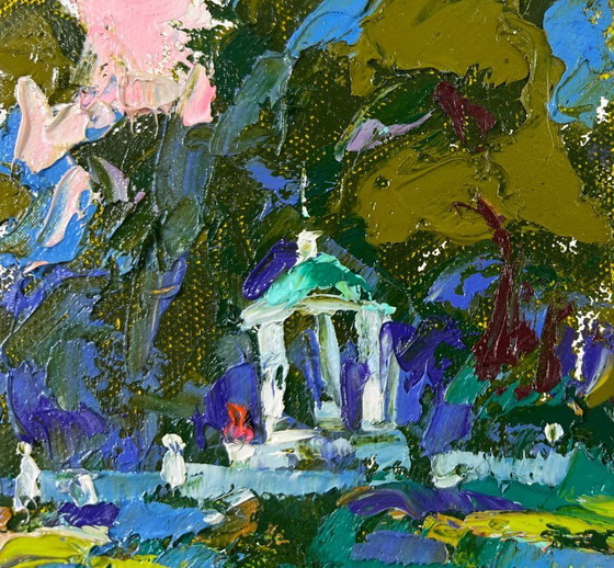 Image 1 of Origineel olieverfschilderij: Zomers boslandschap, een wandeling in het park.