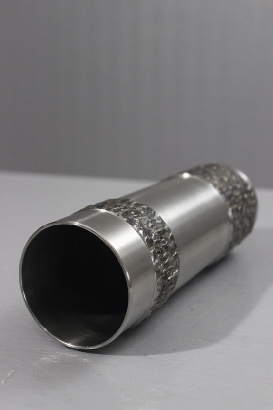 Image 1 of Vintage brutalistische rolvaas, gelast en gepolijst staal, jaren 70.