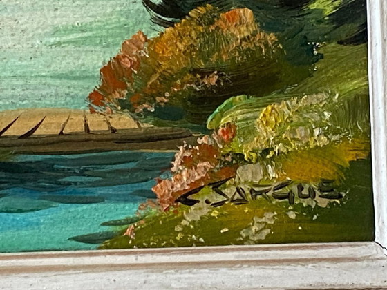 Image 1 of Dipinto ad olio su tavola d'epoca, firmato Claude Sargue, paesaggio montano n. 2