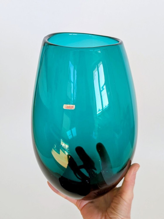 Image 1 of Midcentury Karl Friedrich Glas Mouth-Blown Teal Glass Vase, Votive Holder, 1960s German Art Glass
