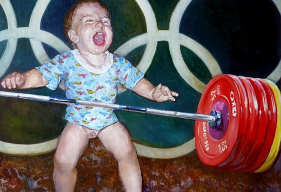 Original Oil Painting Modern Art Symbolism Humor Baby Champion – Paintings & Drawings, Canvas (photo 5 of 5)