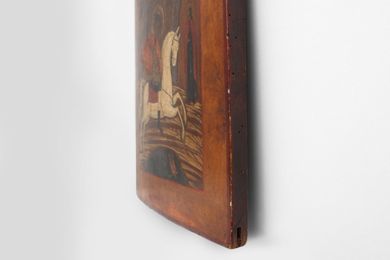 Image 1 of Icono religioso ruso del siglo XIX de San Jorge y el dragón, pintado a mano sobre madera.