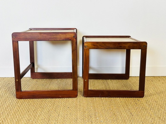 Image 1 of Pair of vintage nesting coffee tables in wood and ceramic, 1960