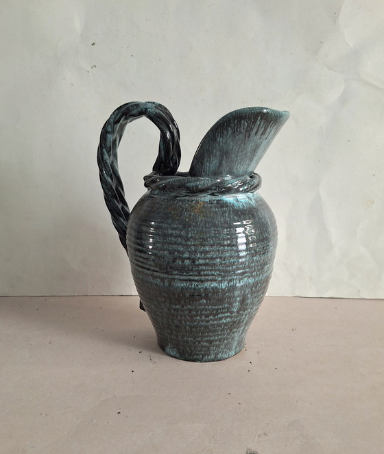 Image 1 of Alexandre de Wemmel ceramics, Heffen, Belgium. Green handmade jug with a twisted handle, 1950s.