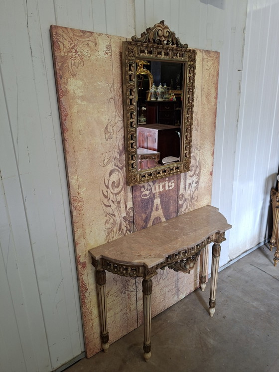 Image 1 of Antique Baroque wall console, side table. Hall table with mirror, dimensions: 105x32m and 73cm high.