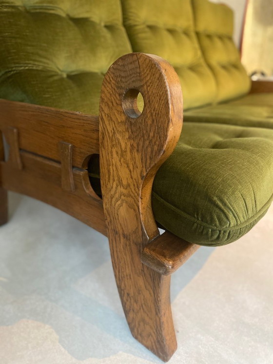 Image 1 of Divano in rovere massello – anni '70, stile rustico-brutalista, rivestimento verde