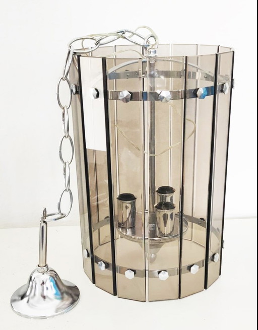 Vintage Veca Fontana Arte hanging lamp - Lantern in Smoked Crystal & Chrome Metal - Italy, late 1960s