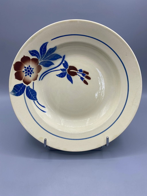Art Deco blauw en bruin bloemmotief faience diepe schaal – decoratieve objecten
