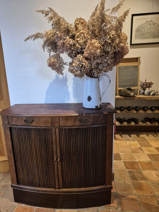 Sleek antique Dutch roller door tambour cabinet, bow front cabinet