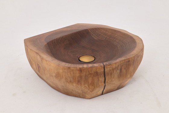 Image 1 of Lavabo de madera de nogal tallado a mano – Lavabo de baño escultural orgánico, Logniture