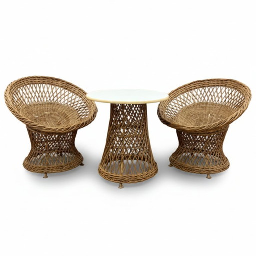 Mid-Century Retro Vintage Rattan Armchairs & Table Set, 1960s