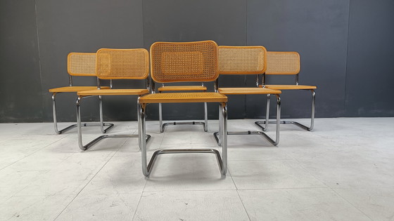 Image 1 of Ensemble de 6 chaises Cesca de style Marcel Breuer, fabriquées en Italie, années 1970