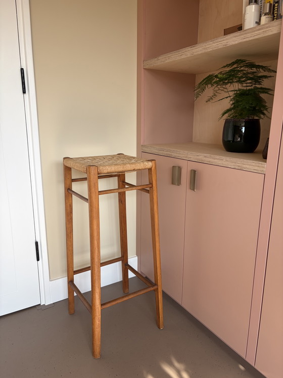 Vintage Deens Design Barkruk / Plantenstandaard – Jaren 60/70 (Papercord) – Barkrukken, Wood, Wicker (photo 10 of 10)