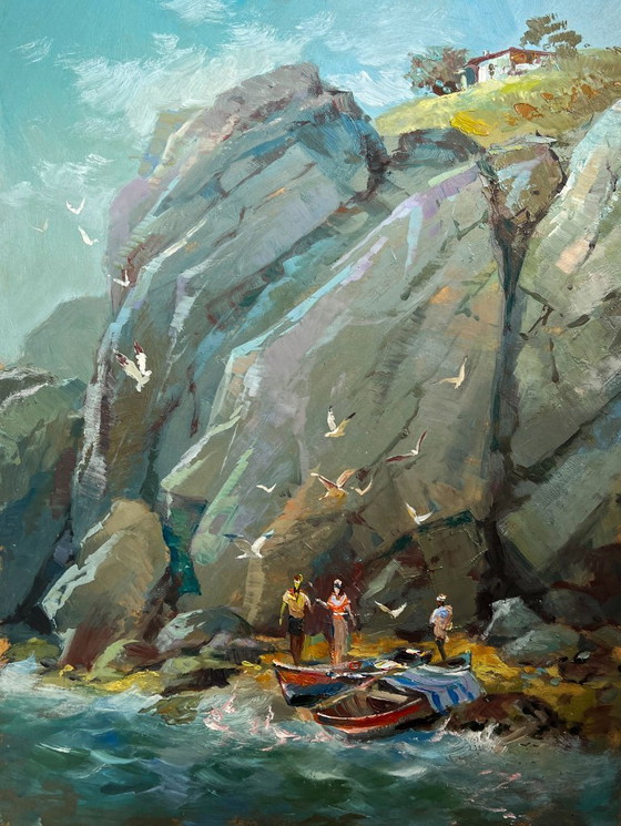 Image 1 of Pintura al óleo original Paisaje rocoso costero Susurro de las olas del mar