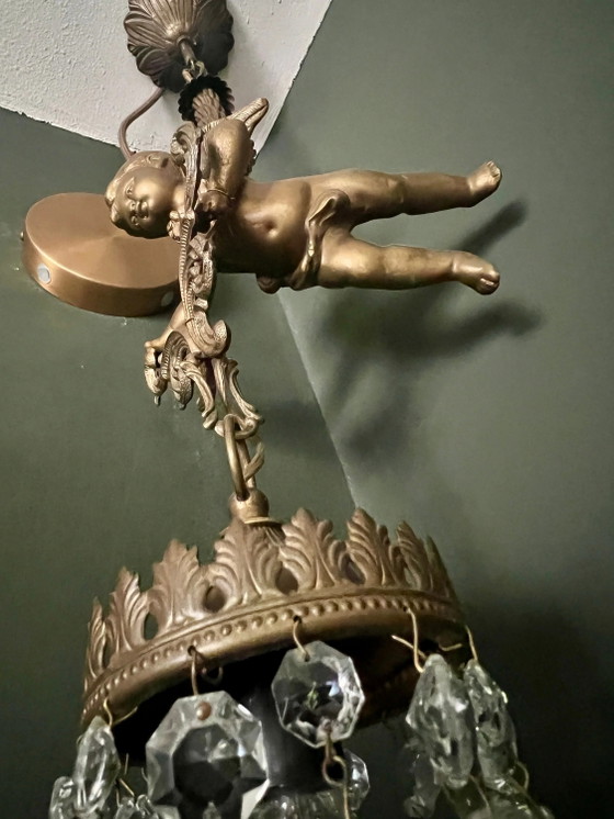 Originele Art Nouveau Lamp met vliegende bronzen cherubijn en kristalglas, circa 1915. Vintage Bronzen Engel (photo 8 of 10)