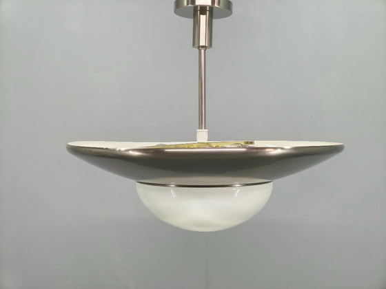 Image 1 of Bauhaus Pendant Light in Nickel and Glass, 1930s Czechoslovakia