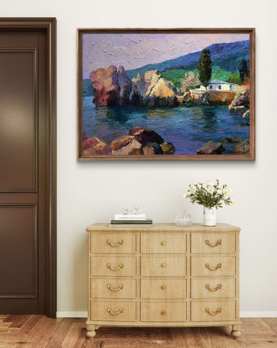Original Oil Painting Seascape Rocks House On The Beach Morning At Sea – Paintings & Drawings, Canvas (photo 3 of 7)