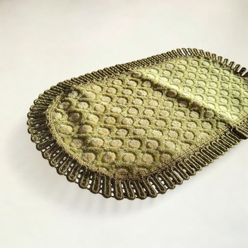 Rare vintage table runner in green with gold-colored trim, mid-century design