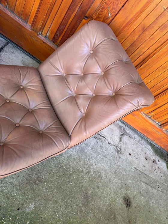 Set of Mid-Century Modern Brown Leather and Fabric Chairs, 1960s – Armchairs, Mid Century Modern (photo 3 of 8)