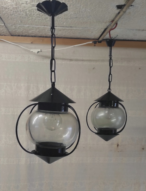 Image 1 of Lantern-style pendant light in metal and glass - 1950s