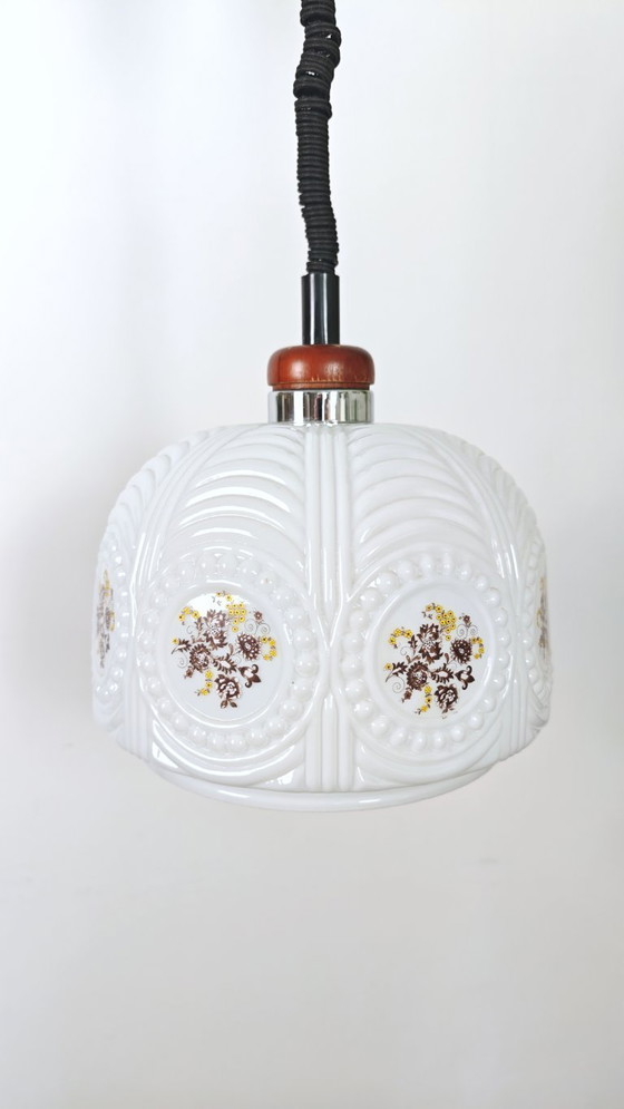 Image 1 of Vintage country-style kitchen pendant light from the 1970s, Yugoslavia, floral opal glass, hanging lamp, retro chandelier with p