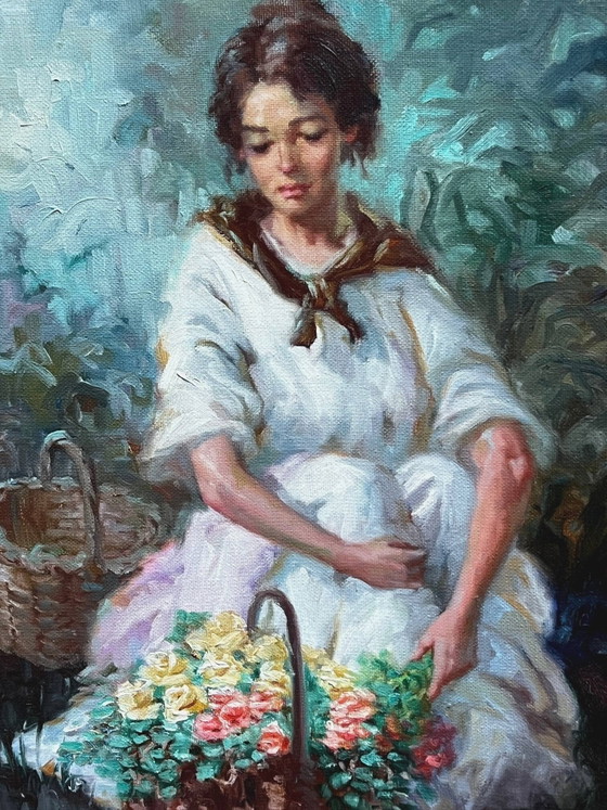 Portrait of a girl with flowers by Alfredo Mompo Roca. – Paintings & Drawings, Canvas (photo 3 of 8)