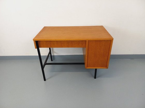 Image 1 of Bureau moderniste vintage Multitable par Jacques Hitier en bois de chêne et métal noir des années 50 60