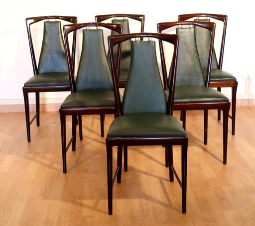 Set of 6 mid-century chairs by Osvaldo Borsani, Atelier Borsani Varedo, mahogany, rosewood, leather, and brass, Italy, 1950s