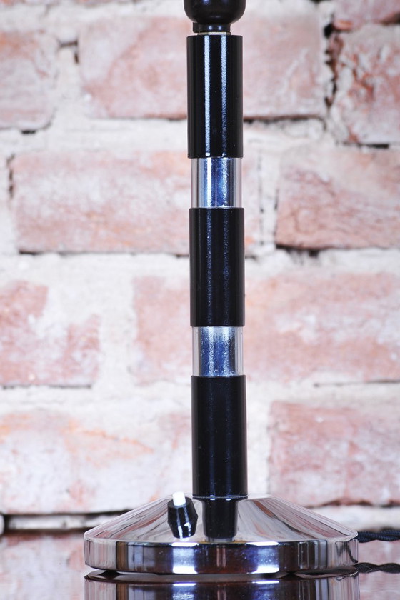 Restored Art Deco Table Lamp Chromed Steel, Beech, Parchment, Czech, 1940s – Metal, Paper (photo 6 of 11)