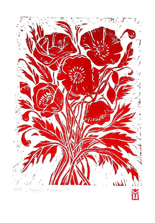 Coquelicots - Linogravure A3 faite à la main