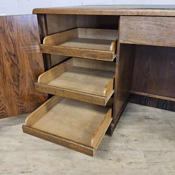 Image 1 of Bureau Art Déco ancien en bois avec bibliothèque et tiroirs d'archivage / bureau double face