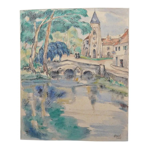 1929 Ogui European Modernist Village Landscape Watercolor & Gouache